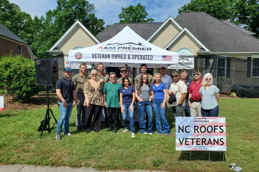 Vietnam Veteran, Victor Vaccaro with A&M Premier, friends and fellow Veterans at his free roof build. 